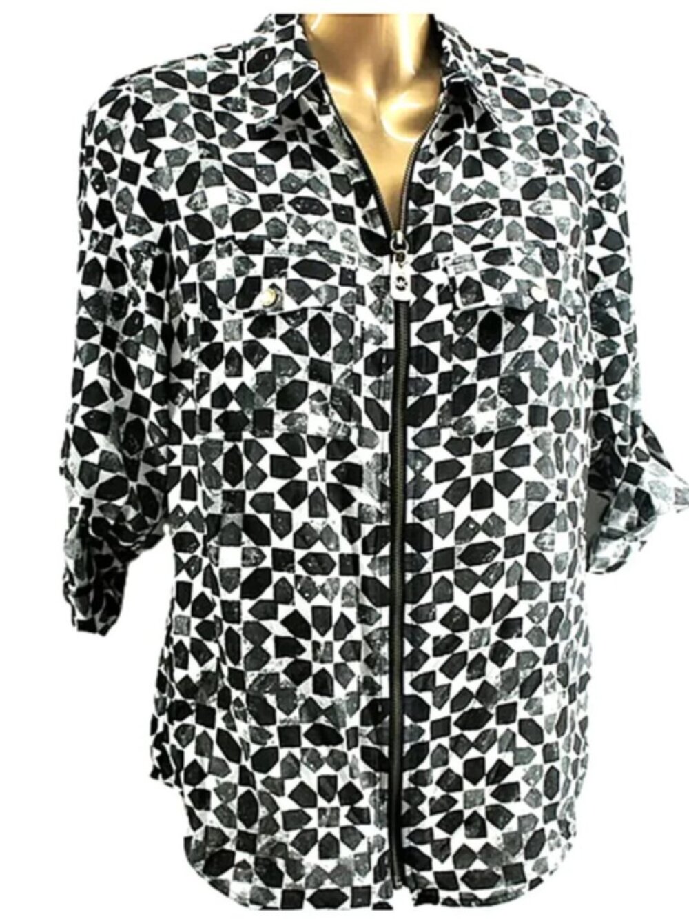 Michael Kors Gray Black White Geo Blouse size S